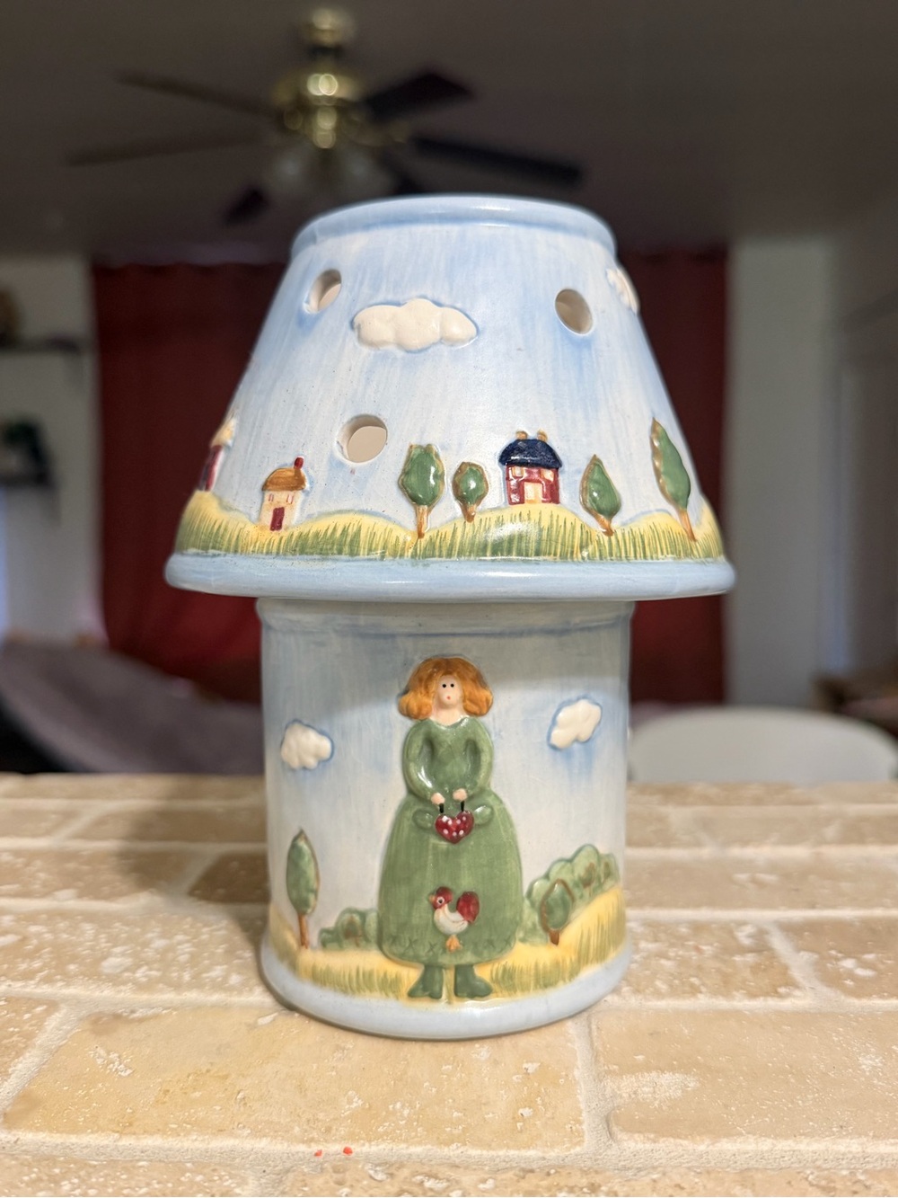 Hand-Painted Ceramic Mushroom Lamp in Light Blue with Green Accents